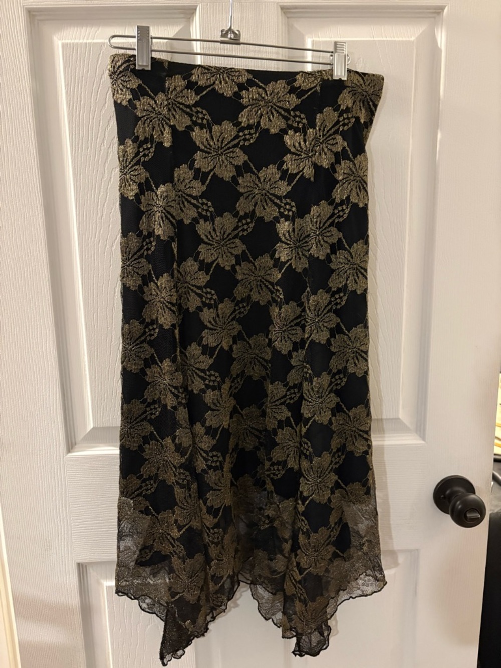 Black Midi Skirt with Gold Floral Lace Overlay